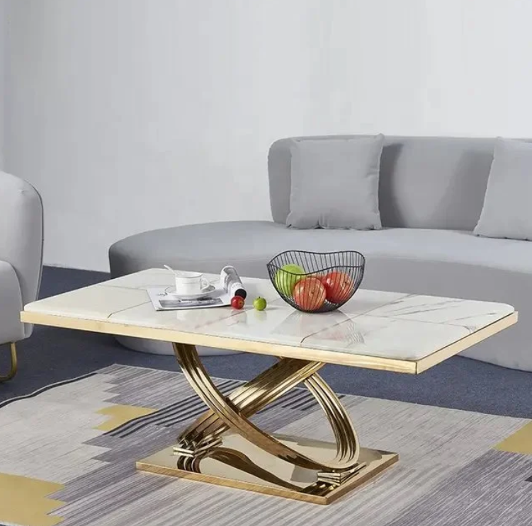 Luxurious Marble Top Coffee Table with Stainless Steel Base