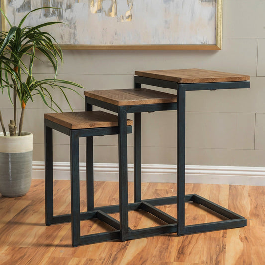 3-Piece Nesting Table Set Brown Rustic Rectangle Iron Wood Metal Finish