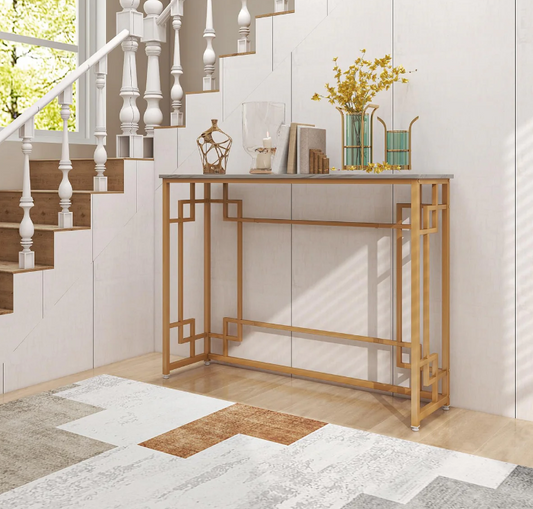 Modern Console Table, Narrow Entryway Table with Geometric Golden Frame