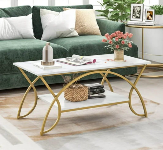 Costway Coffee Table Modern Marble 2-Tier for Living Room