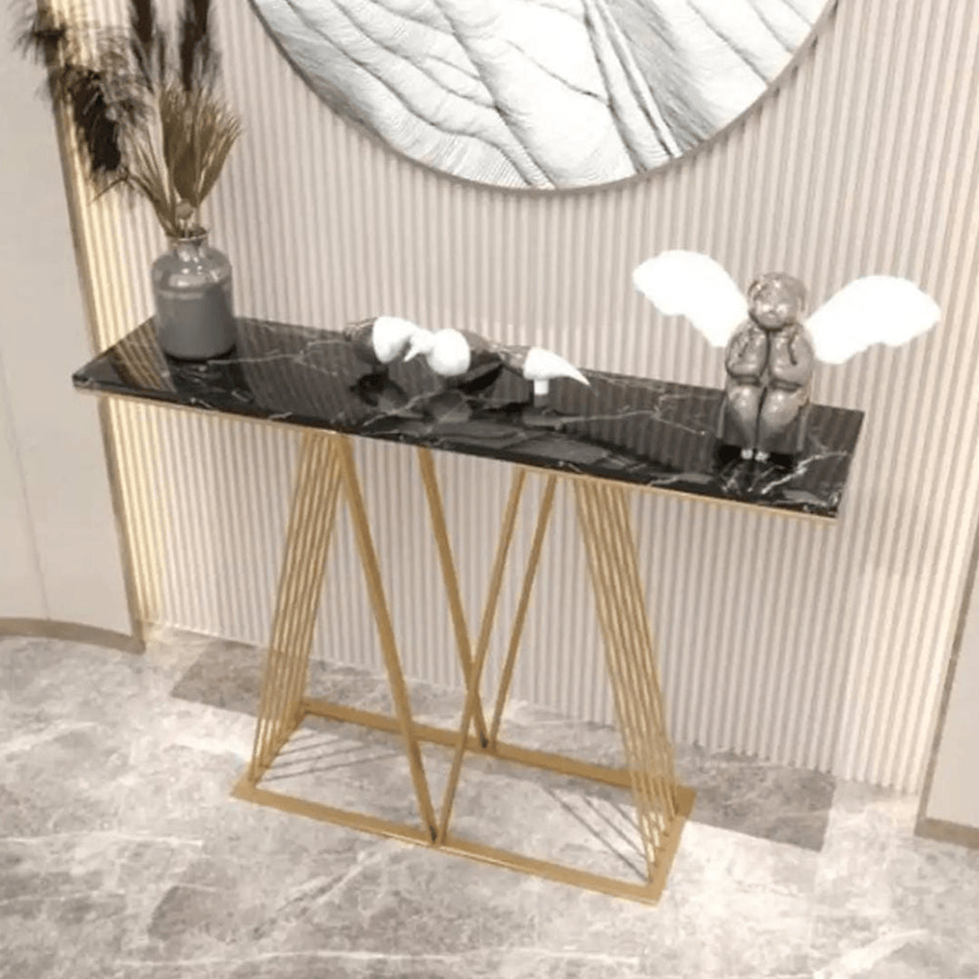Modern Black Narrow Console Table with Marble Sheet Top