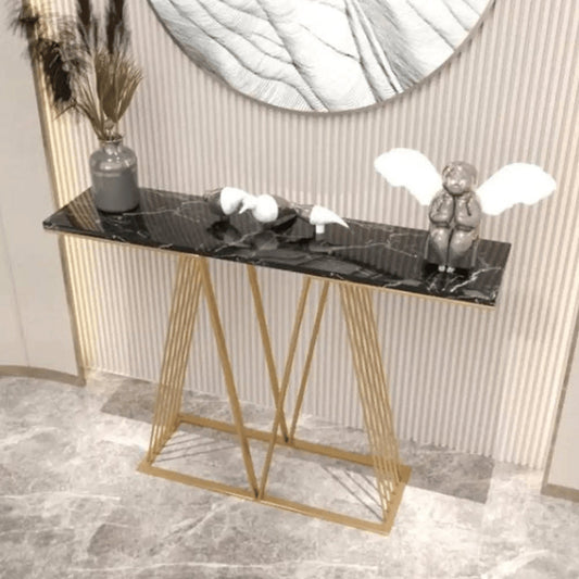 Modern Black Narrow Console Table with Marble Sheet Top